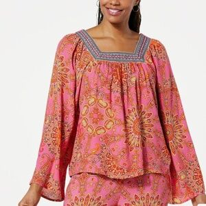 One World Square Neck Medallion Printed Top Size L